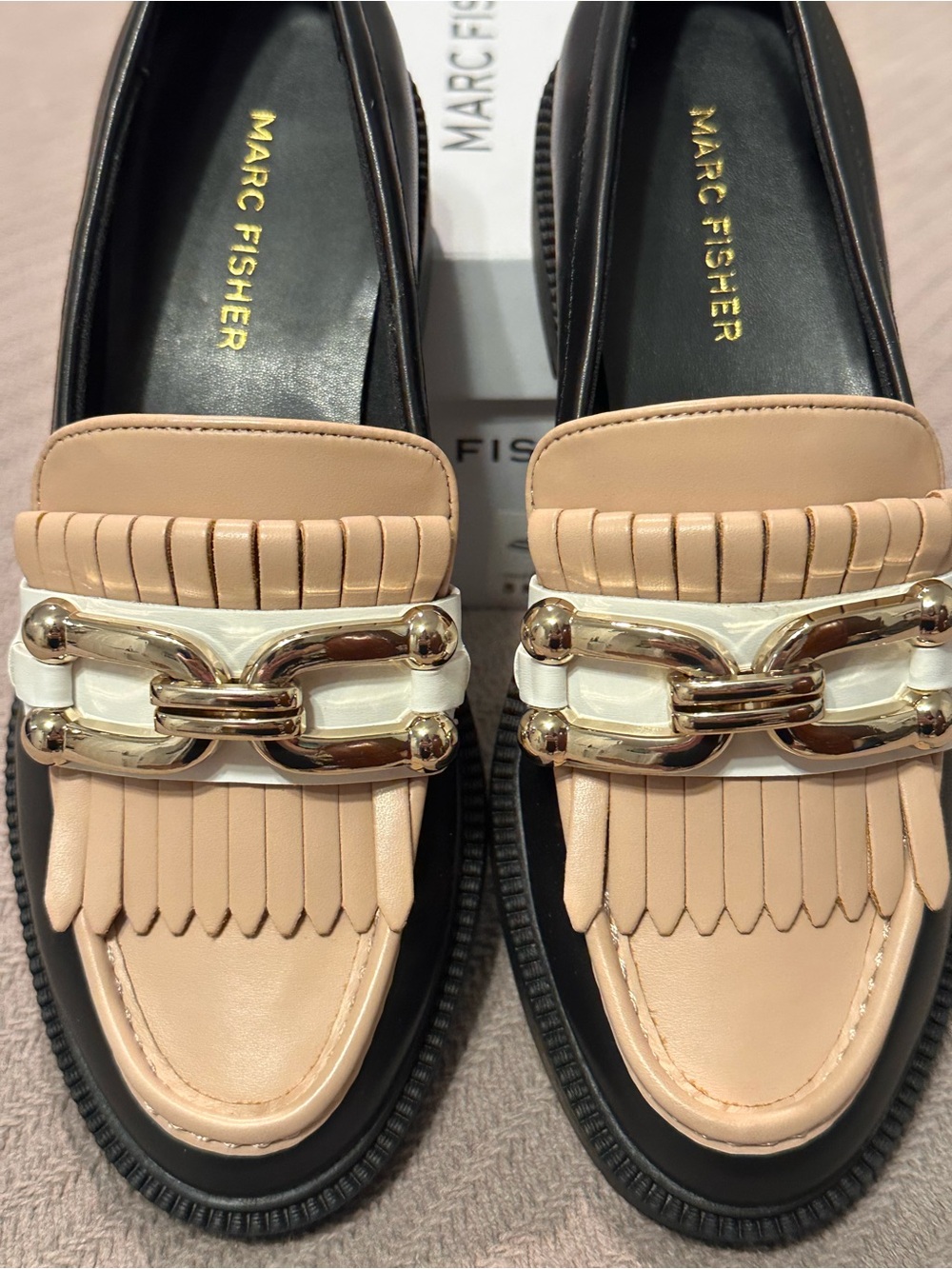 Marc Fisher Calisto Black & Beige Vamp Tassle Loafers with Gold Hardware NEW - Picture 2 of 7